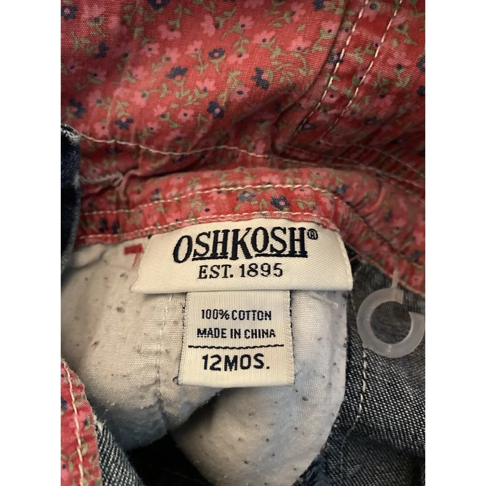 OshKosh Jeans Overalls Bibs SZ 12M Embroidered Bird‎ Cat Apple Pink Lined - Picture 8 of 8